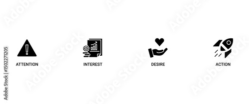 AIDA banner web icon vector illustration concept for attention interest desire action with icon of promotion, target, vision, store, ecommerce, and buying icon live stroke and easy to edit