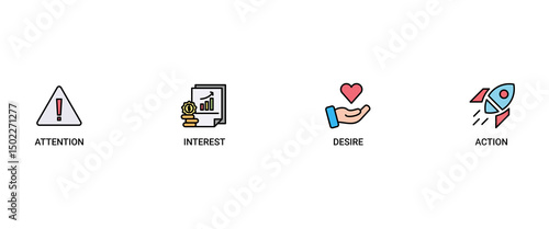 AIDA banner web icon vector illustration concept for attention interest desire action with icon of promotion, target, vision, store, ecommerce, and buying icon live stroke and easy to edit