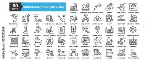 50 Industrial Manufacturing icon set. Containing design industry, technology, manufacturing, factory, industrial	
