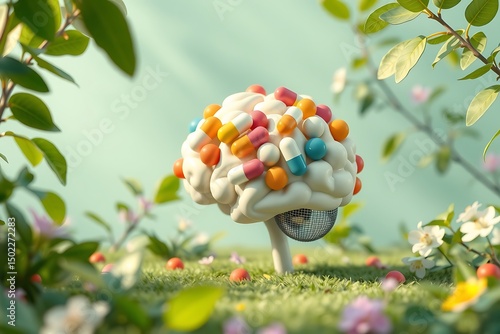 A fresh 3D visual representation that explores the connection between mental health and medication. It features a minimalistic brain surrounded by colorful capsules, symbolizing thoughts and emotions.