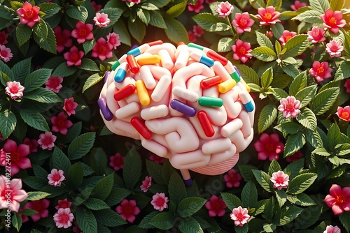 A fresh 3D visual representation that explores the connection between mental health and medication. It features a minimalistic brain surrounded by colorful capsules, symbolizing thoughts and emotions.