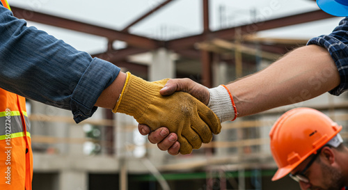 Construction workers shaking hands on a construction site with safety gear and building framework visible