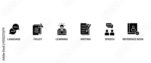 Grammar banner web icon set vector illustration concept for language education with icon of communication, policy, learning, writing, speech, and reference book
