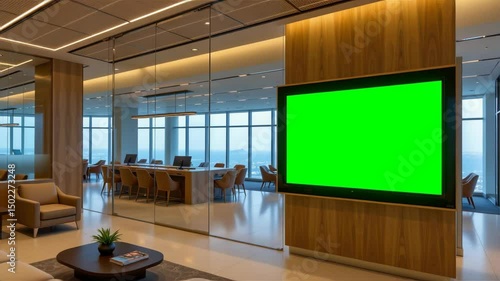 A modern office lounge features a large digital screen with a green display, surrounded by glass walls and stylish furniture.
