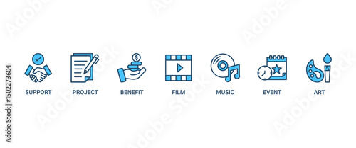 Sponsor banner web icon set vector illustration concept with icon of support, project, benefit, art, event, music, sport and film icons infographics symbol background
