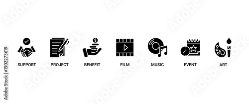 Sponsor banner web icon set vector illustration concept with icon of support, project, benefit, art, event, music, sport and film icons infographics symbol background