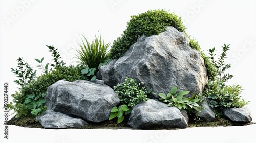 stones and grass Large Rocks with Foliage: Green nature elements, transparent PNG.