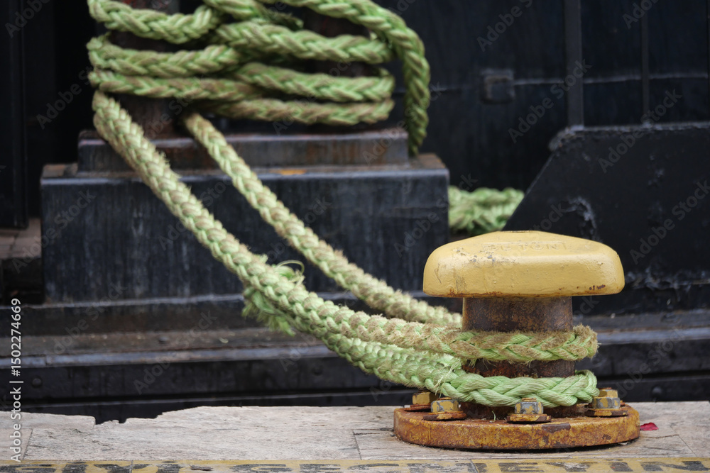Fototapeta premium Mooring line secured at harbor dock with yellow cleat