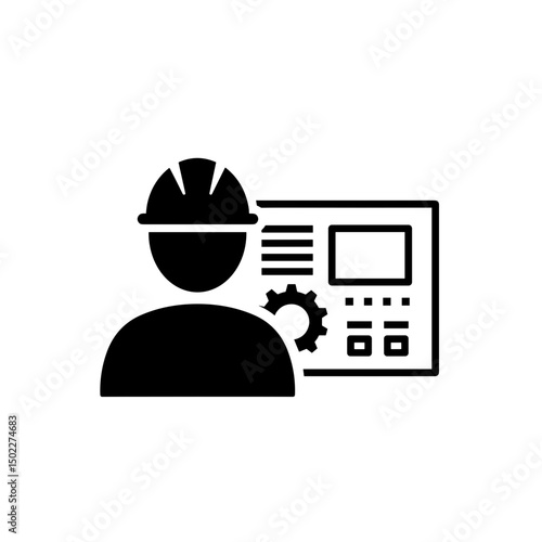 Worker in safety helmet operating machine control panel  