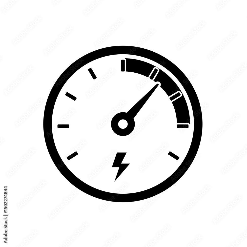 Power output meter icon with gauge and lightning symbol Power output meter icon with gauge and lightning symbol