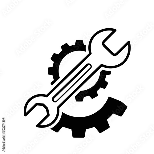 Wrench and gear icon in black and white style for maintenance 