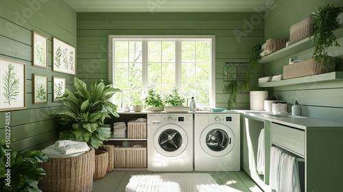 Wallpaper Mural interior of a modern kitchen Laundry room with a white and green theme Torontodigital.ca