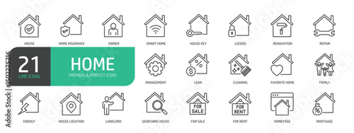 Set of Line Icons Related to Home, Property, Renovation, Buying, Real Estate, Renting, House.