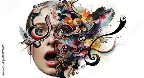 Surreal Explosion of Emotions on Woman’s Face with Abstract Chaos
