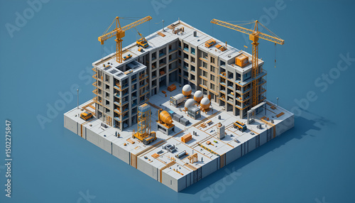 Isometric Urban Construction Site Cutaway 3D view of a city block under construction with cranes, scaffolding, concrete mixers, and workers.
