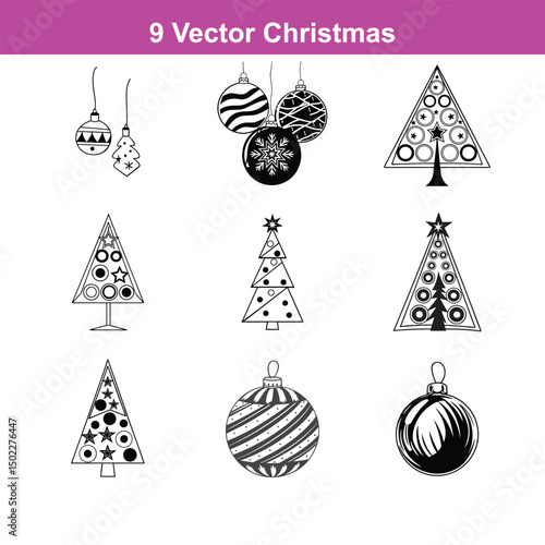 Winter snowflake design set, white background, graphic elements,Festive Christmas seamless pattern with hand-drawn icons of trees, 