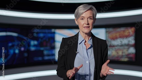 Wallpaper Mural A professional woman presents in a futuristic studio, captured from a medium angle. The video conveys a modern, tech-focused news broadcast style. Torontodigital.ca