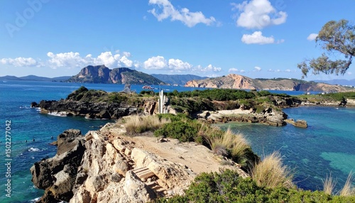 Serene coastal vista of Santo Stefano Island, Sardinia with rocky formations