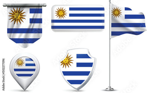 Set of Uruguayan Flags in Different Shapes and Styles
