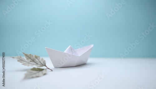 Wallpaper Mural  Paper boat and leaf on minimalist blue background Torontodigital.ca
