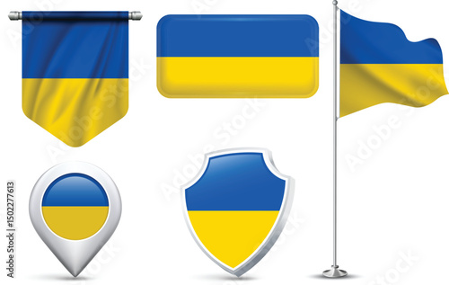 Set of Ukrainian Flags in Different Shapes and Styles
