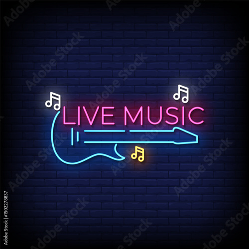 live music neon sign with brick wall background vector