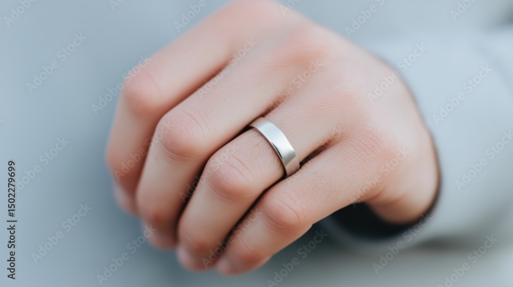 Silver wedding band showcased on a person's hand during a celebration in a serene outdoor setting. Silver wedding band showcased on a person's hand during a celebration in a serene outdoor setting.