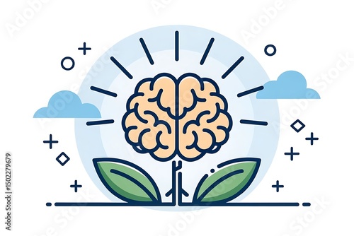 Mental clarity is represented by a brain symbol and a mindful nature flat vector illustration.