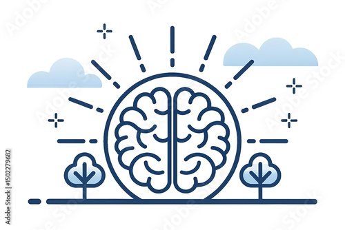 Mental clarity is represented by a brain symbol and a mindful nature flat vector illustration.
