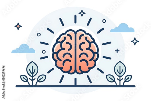 Mental clarity is represented by a brain symbol and a mindful nature flat vector illustration.