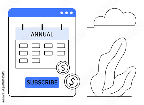 Annual calendar interface with subscription button and dollar coin icons, minimal cloud and plant elements. Ideal for payment, financial planning, online services, e-commerce, subscriptions