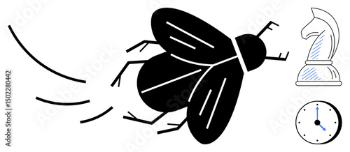 Large black fly in motion traveling near a chess knight and clock with time set, symbolizing strategic thinking, time management, and persistence. Ideal for strategy, timing, precision, planning