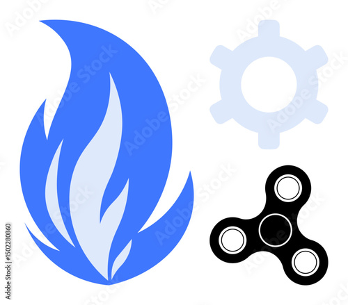 Blue flame, light gear shape, and black fidget spinner symbolizing energy, creativity, and focus. Ideal for innovation, play, efficiency, energy technology mindfulness movement flat simple