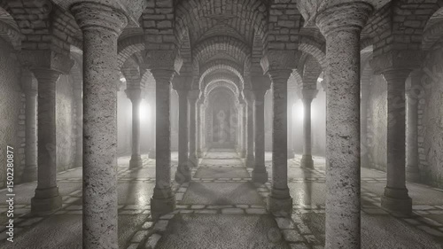 interior of an ancient castle with columns, 3d animation