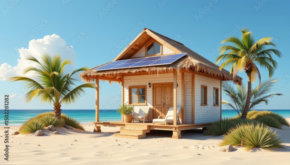 Shack beach hut concept. Tropical beach house surrounded by palm trees and ocean views. Shack beach hut concept. Tropical beach house surrounded by palm trees and ocean views.