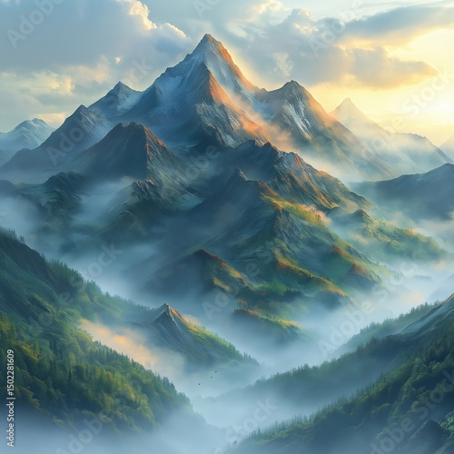 mountain landscape with clouds and sun,generative ai illustration