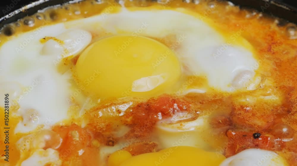Shakshuka with tomatoes, sweet peppers and onions is fried in a frying pan Shakshuka with tomatoes, sweet peppers and onions is fried in a frying pan