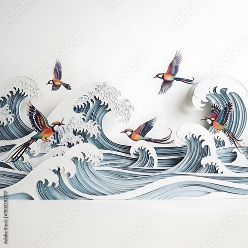 Birds flying over ocean waves paper art illustration nature scene avian marine life artistic design