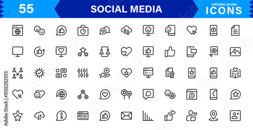 Modern Social Media Icon Set Featuring Communication, Network, Chat, Sharing, and Notification Symbols in a Minimal Professional Vector Style
