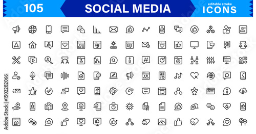 Modern Social Media Icon Set Featuring Communication, Network, Chat, Sharing, and Notification Symbols in a Minimal Professional Vector Style