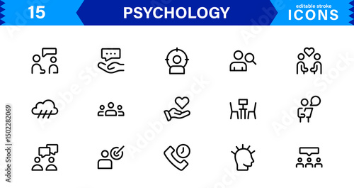 Professional Psychology Icon Set Featuring Mental Health, Therapy, Brain, Emotion, and Cognitive Elements in Clean Minimal Vector Illustration Style