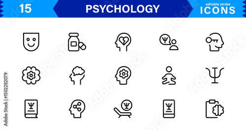 Professional Psychology Icon Set Featuring Mental Health, Therapy, Brain, Emotion, and Cognitive Elements in Clean Minimal Vector Illustration Style