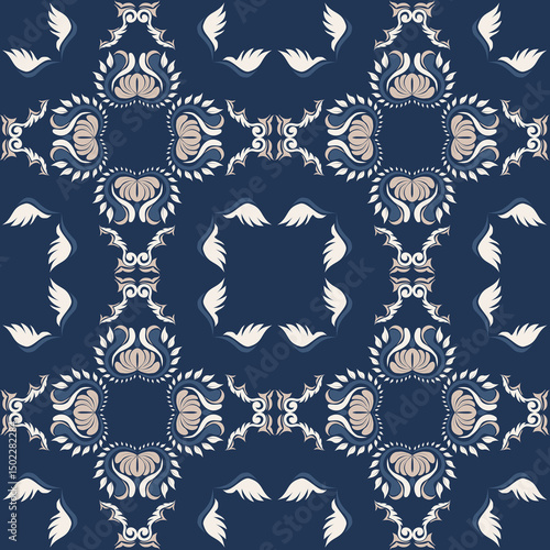 Seamless vintage damask floral tile design in blue and earthy tones, perfect for textile prints and home decor.