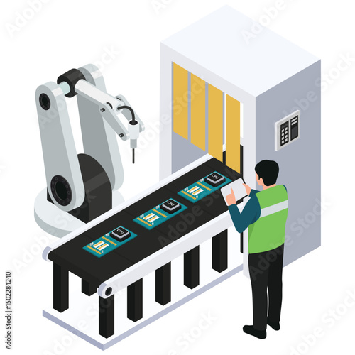 Robotic Automation. Vector illustration of Smart robot arm assembling computer chips on a high-tech manufacturing line. Isolated on background