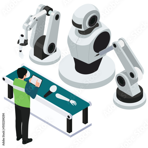 Robotic Automation. Vector illustration of Multiple robotic arms work together to build an advanced humanoid robot. Isolated on background