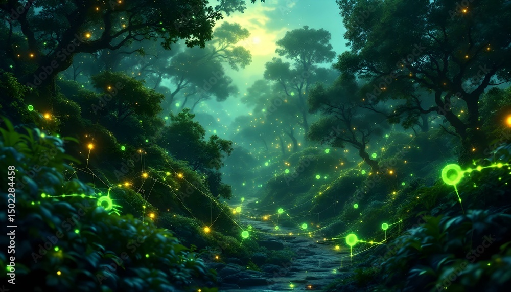 Fototapeta premium Abstract digital network with glowing nodes and data streams, representing artificial intelligence .