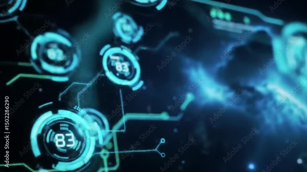 Futuristic glowing user interface, showcasing a network data display in shades of blue Futuristic glowing user interface, showcasing a network data display in shades of blue