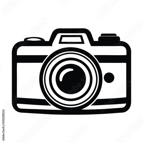 A black graphic of a camera is depicted, featuring detailed elements such as the lens and viewfinder