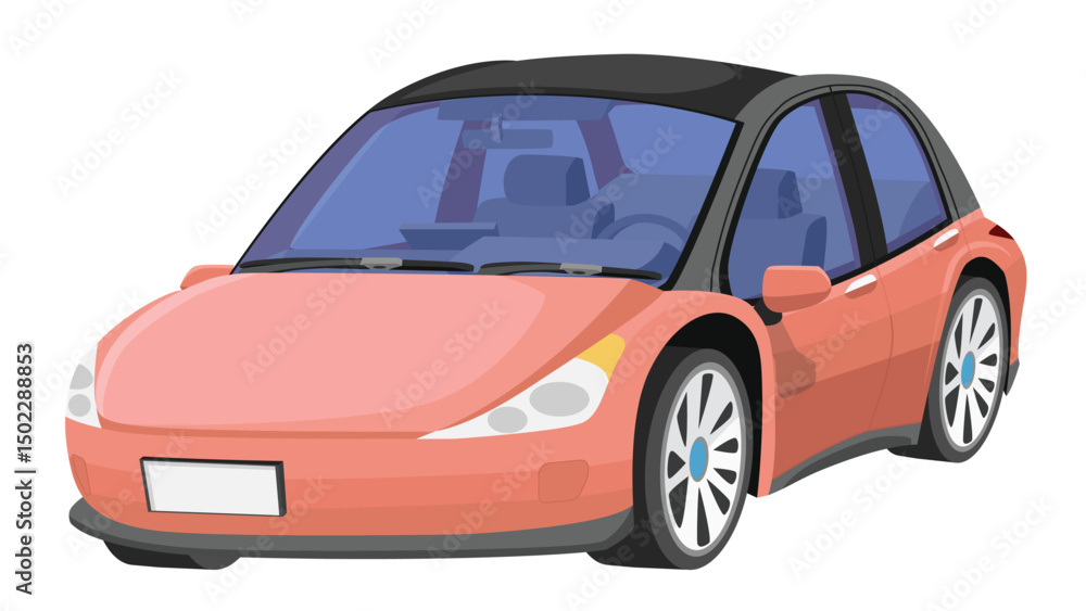 Naklejka premium Objec perspective design of electric sedan car pastel red color. Can view inside car. Shadow and isolated white background.