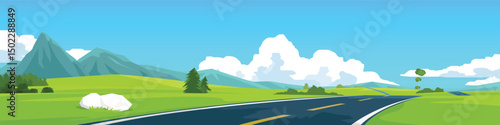Horizontal or Landscape view illustration banner of asphalt road. Winding road leading straight to the valley. Green open fields and mountain under blue sky for background.